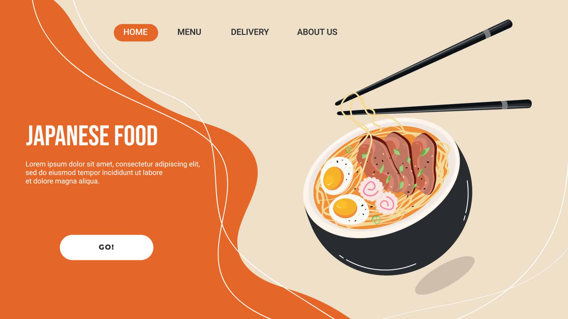 start page web site for asian restaurant japanese cuisine with ramen soup template landing page vector طراحی سایت رستورانی