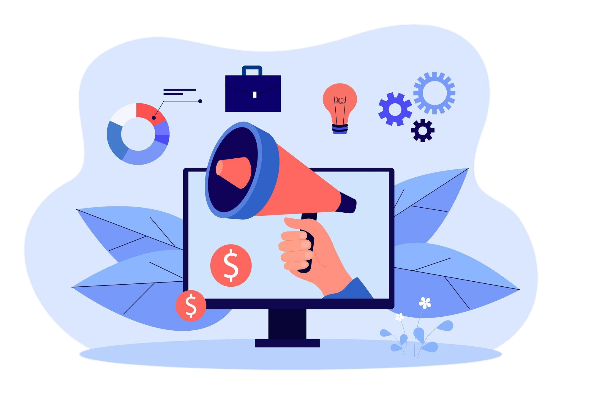 business data analysis hand holding megaphone computer screen smart marketing digital payment flat vector illustration internet communication concept banner landing web page 1 تبلیغات دیسکاوری گوگل